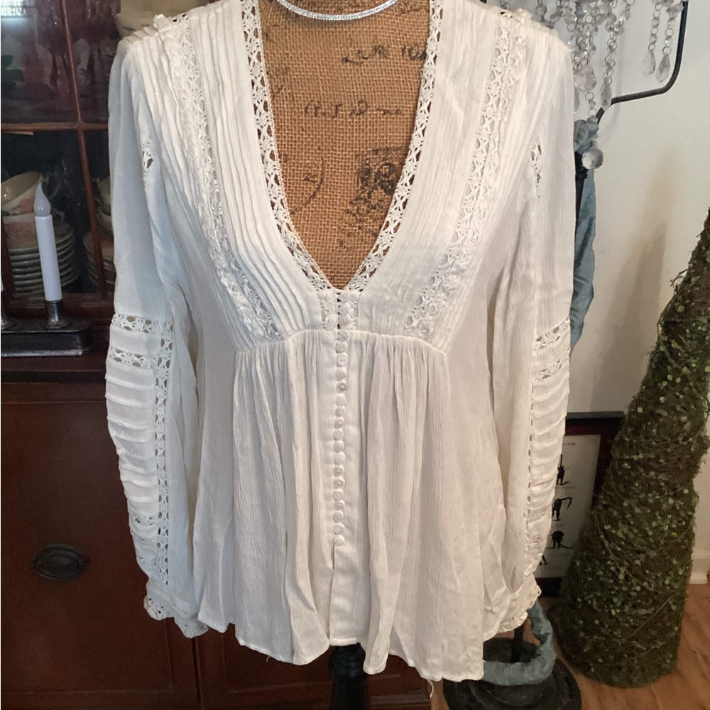 Free People White Lace Trim Blouse